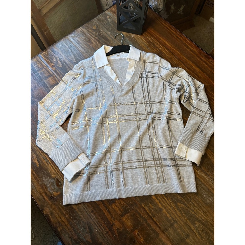 Chicos Gray Sequin Plaid Layered Look Sweater V-Neck Collared Shirt Size 2 Large